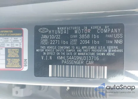 2022 Hyundai Elantra Sel z USA, uszkodzony, nr VIN KMHLS4AG9NU313716